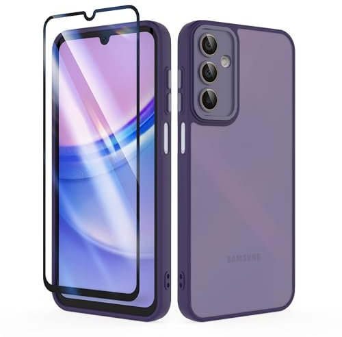 SMYTU Cover per Samsung Galaxy A15 4G / 5G 6,5 Pollici con Vetro Temperato,Custodia Opaca Hard PC Glassata Traslucida Retro Resistente ai Graffi Silicone Antiurto Protettiva Case - Viola scuro