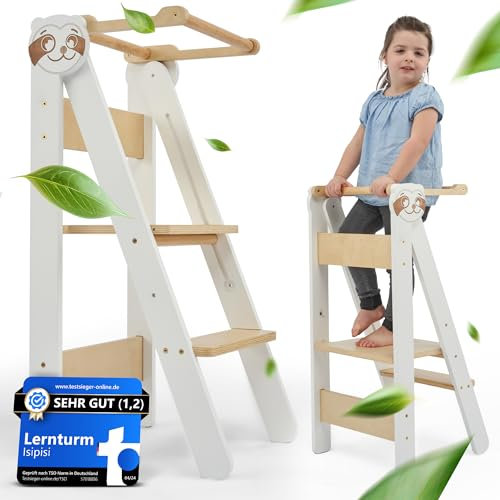 isipisi Lernturm ab 1 Jahr [Montessori] höhenverstellbarer Kinderturm – spielerisch motorische Fähigkeiten fördern – Steh- und Lern-Turm klappbar, Learning Tower, Faltbare Kindertreppe