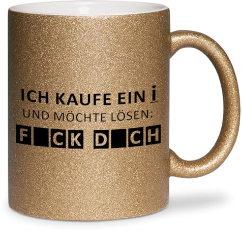 glitzertassen.de® | Ich kaufe ein i und möchte lösen... | Tasse mit Glitzer | Geschenkidee | lustige Sprüche | Bürotasse | Kaffeebecher | Keramik | 330 ml | Dunkelgold