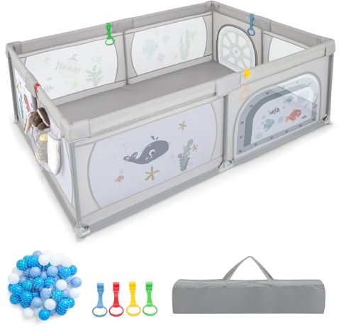 DREAMADE Parc Bébé en Tissu Oxford avec Poche&Sac de Transport,Clôture de Jeu Tout-Petits 0-36Mois avec Balles&Porte Zippée&Maille Respirante (Gris+Monde Sous-Marin, 206x147x68,5CM sans Tapis)