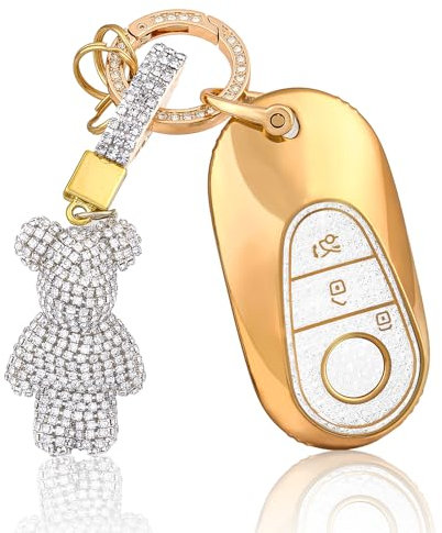 OFF WE GO Schlüsselhülle Cover für Mercedes Benz Autoschlüssel Hülle mit Schlüsselanhänger Auto Schlüssel Cover für Klasse C W206 Klasse S W223 GLC X254 EQS V297 EQE V295 Schlüssel Gehäuse, Weiß Bär