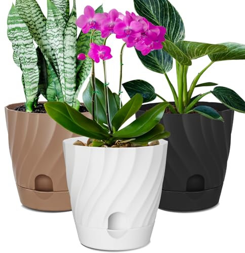 GRKJGytech Selbstbewässernde Töpfe für Zimmerpflanzen, 15,2 cm, 3 Stück, Kunststoff-Pflanztöpfe mit Reservior und Drainagelöchern, Blumentöpfe für Orchideen, Kräuter, afrikanische Veilchen,
