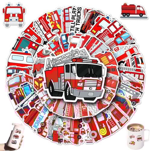 100 Stücke Feuerwehr Aufkleber, Feuerwehrauto Sticker, Vinyl Feuerwehr Auto Kinder Sticker, Wasserdichte und Wiederverwendbare Jungen-fahrzeugaufkleber für Koffer, Wasserflasche, Laptop