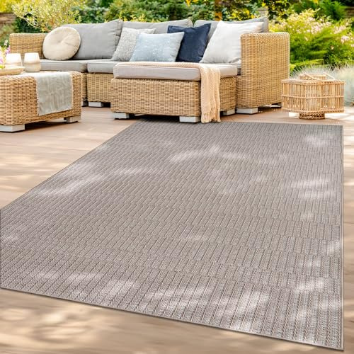 TT Home In-& Outdoorteppich Wetterfest Terrasse Balkon Esszimmer Boho Motiv Moderner Skandi Look Unifarben, Farbe:Beige, Größe:80x250 cm