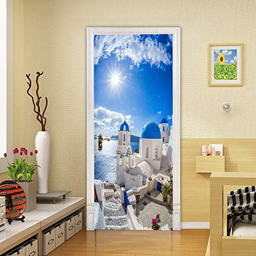 3D Papier Peint Porte Trompe l'oeil Sticker Poster Porte Trompe l'oeil Intérieure Muraux PVC pour Décoration Mur Salon Cuisine Chambre Salle de Bain 83x204 cm L 'île Santorin