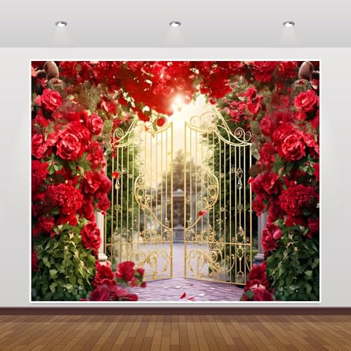 Blumenhintergrund für Frühlingsgarten, 3 x 2,4 m, rote Rose, Blumenwand, Vintage, Goldtor, Fotografie, Hintergründe, Mädchen, Frau, Hochzeit, Braut, Geburtstag, Party, Banner, Portrait, Tapete,