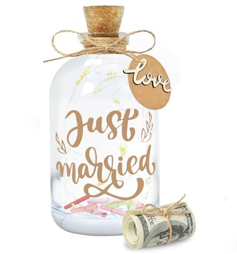Surplex LED Bottle Decorative Light, Light up Glass Money Gift Wedding Packaging with Cork, Cash Gift for Bride&Groom, Just Married Wedding Fund Money Luminous Box for Newlyweds in Love