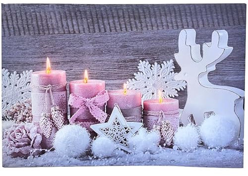 infactory LED Leinwand Weihnachten: Animiertes LED-Wandbild Kerzen mit Rosen & Rentier, 38 x 58 cm (Bild Weihnachten Winter, Beleuchtetes Bild, Weihnachtsbeleuchtung)