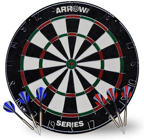 Arrow180 Bristle Dartscheibe Turnier Set, Natürliche Sisal Board Offizielle Spezifikationen, 2 x 18g Steel Darts Sets, Rundes Drahtsystem, Verstellbarer Zahlenring, Schwarz/Weiß/Rot/Grün