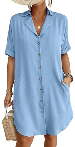 Bsubseach Women Short Sleeve Button Down Beach Shirt Cover Up Sky Blue L