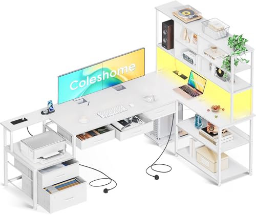 Coleshome L Shaped Corner Desk with Drawers, Reversible Home Office Computer Desk with Storages & Shelves, Gaming Table with LED Lights & Power Outlets White, 180 × 100 cm