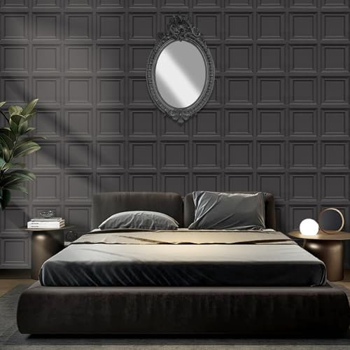 Trafagala 3D Effect Black Panel Wallpaper Wood Panelling Wallpaper Wall Panelling Textured Retro Embossed Tartan Neutral Art Deco for Living Room Feature Wall Bedroom Ceilings