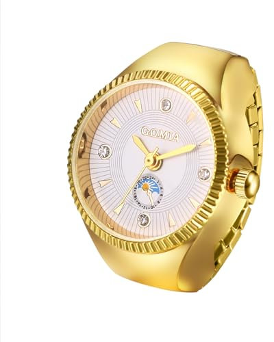 JewelryWe Fingeruhr Elastische Ringuhr Damen: Gold Analog Quarz Fingerringuhr Edelstahl Stretchband Uhr Ring Unisex mit Zugband und Facettierte Lünette