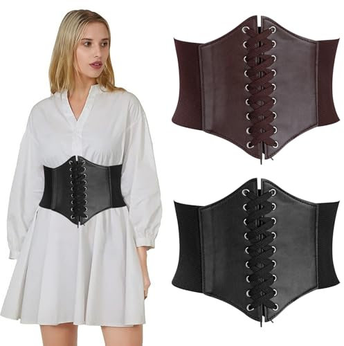 Tunejoy Ceinture Corset pour Femme 2 Pièces Élastique Ceinture Large de 12 cm Rétro Cuir Corset à Lacets Ceinture pour les Fêtes D'halloween Vêtements Noir et Marron