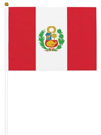 Banderas pequeñas con impresión de bandera de Perú en palo de 5.5 x 8.2 pulgadas, paquete de 10 banderas pequeñas de mano con palo de madera