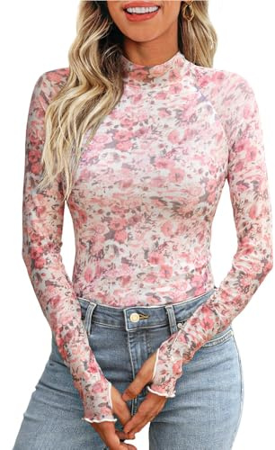 Kuukaas Women's Floral Mesh Long Sleeve Tops Mock Neck See Through Fitted Sexy Going Out Top Summer Clothes Ladies Pink M
