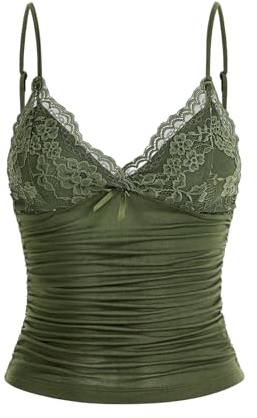 GORGLITTER Y2k Camisola de tirantes finos para mujer, parte superior, cuello en V, parte superior con encaje en contraste | Top de encaje para mujer, tirantes delgados, top con encaje, top negro para mujer, camisola con cuello en V