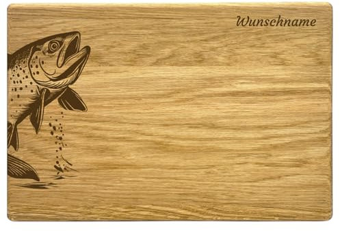 Frühstücksbrett Eiche Vesperbrett Holzbrett Camping Frühstück Geschenk Jausenbrett Brotzeitbrett 30 x 20 cm (Fisch Wunschname)