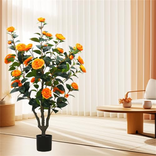 DanLink küNstlicher KamelienblüTenbaum, 100 cm Kunstbaum Mit Orange BlüTen, Kunstpflanze Florale Blumenpflanze Im Topf für Zuhause BüRo, Zimmerpflanze Dekopflanze, Die Innen Und AußEndekoration