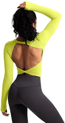 Sportshirt Damen Langarm rückenfrei: Oberteil Twist zurück Top mit Feste Cups - Sexy Sommer Shirt für Yoga Fitness Gym
