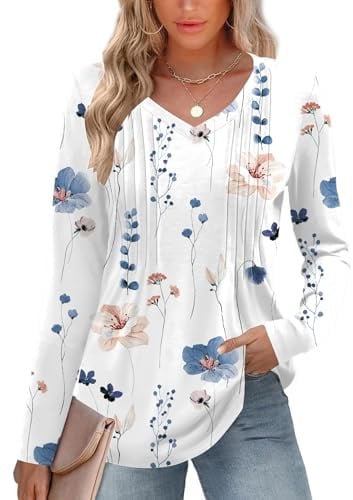 EFFAN Womens Tops V Neck Long Sleeve Blouse Pleated Tunic Floral Shirts | Autumn Summer 2026 Ladies Shirt Loose Fit Pleated Tunics Casual Soft Basic Lightweight Solid Blouses
