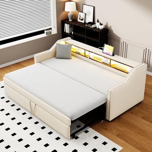 RIAZOS Polsterbett Ausziehbares Schlafsofa 90/180 x 190 cm, Daybett mit LED und USB Ladefunktion, Tagesbett mit Multifunktionales Staufach, Leinen, ohne Matratze, Beige