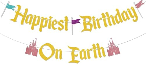 Happiest Birthday On Earth, Schloss Geburtstag Girlande, Gold Glitzer Geburtstags Deko Banner, Prinzessinnen Schloss Geburtstags Banner für Jungen und Mädchen Babyparty Party Dekor