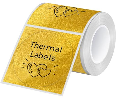 Vbxvsa 1 Rolle Thermo Etiketten, Goldene Matt Rund-Etiketten 50mm Ø für die Meisten Tragbaren Drucker Geeignet, Handmade Labels ohne Tinte für Marmelade, Geschenke, Lebensmittel, 140 Stück pro Rolle