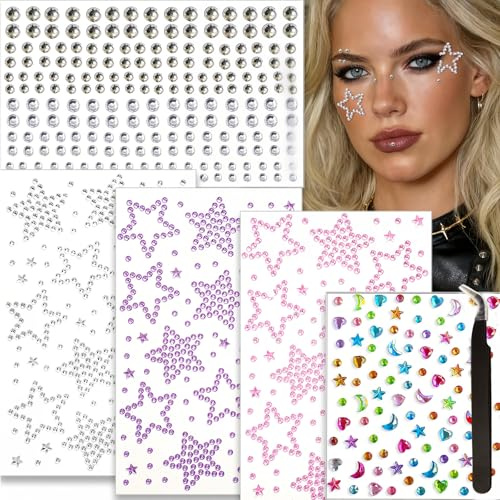 Selbstklebende Gesichtssteine im Y2K-Stil – Sternchen-Face-Jewels für Gesicht, Augen, Haare & Körper, ideal als Haarschmuck für Mädchen & Festival-Accessoire für Damen