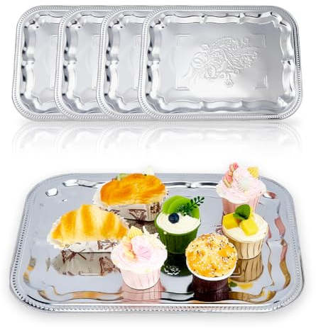 DICOSMETIC 5Pcs Large Silver Serving Trays Set 16.14x12.2x0.39 Inch Stainless Steel BBQ Grill Trays Rectangle Flower Engraved Tray Metal Serving Platter for Food Cookies Desserts Table Party Home