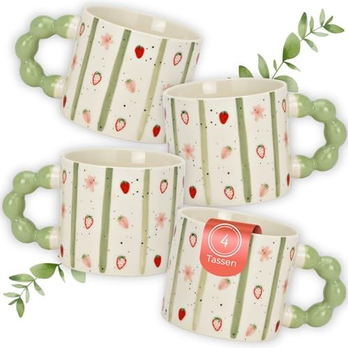 Kaffeetassen 4er Set Erdbeer Dekor, 340 ml Porzellan-Tassen - Dopamin Designertassen mit Perlengriff