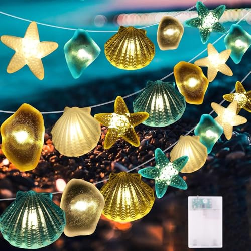Mavouri Lichterkette Meerestiere mit Timer, 3M 30 LED Meerestiere Lichterkette mit Timer, Seesterne, Meeressteine, Muscheln Lichterketten Batterie, Unterwasserwelt Lichterketten für Maritime Deko