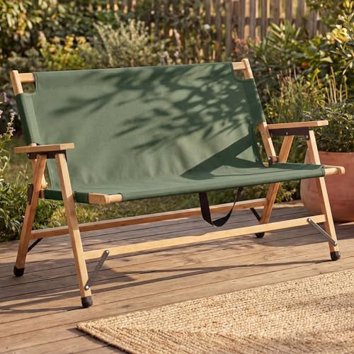 Mendler Bambus Campingbank HWC-Q40 117cm Stoff/Textil - grün | Outdoorbank, Picknickbank, Gartenbank, klappbar, Tragegriff