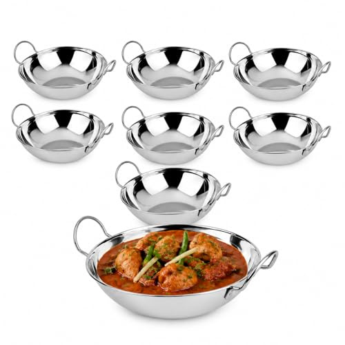 15cm Set Of 6 Stainless Steel Balti Dishes , Curry Karahi Serving Bowls with Handles, Deep Round Indian Curry Serving Dishes, Balti Bowls for Home Kitchen, Restaurant, Catering & Table Serving (8)
