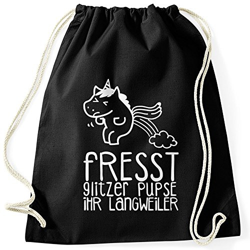 MoonWorks Turnbeutel Einhorn Unicorn Fresst Glitzer Pupse ihr Langweiler Hipster Beutel Tasche Sportbeutel Gymsac Gymbag Schwarz unisize