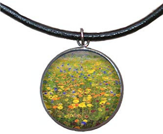 Edelstahl Anhänger, 30mm, Lederband, handgefertigt, Illustration Klimt Blumen