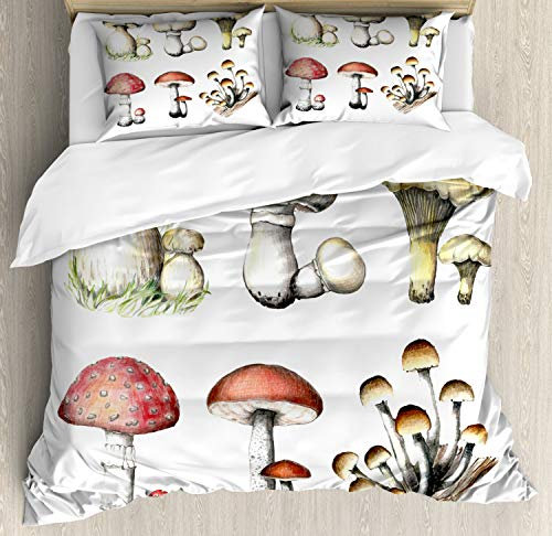 ABAKUHAUS Pilz Bettbezugs Set Für Doppelbetten, Hand Drawn Pilz, Weicher Microfaserstoff Allegigeignet kein Verblassen, 230 x 220 cm, Mehrfarbig Korallenrot