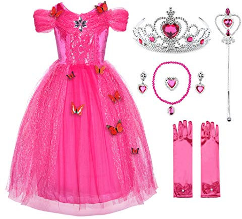JerrisApparel Vestido de Niña Ceremonia Princesa Disfraz con Mariposa (110, Rosa Con Accesorios)