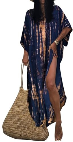 Bsubseach Women Beach Kaftan Dresses Half Sleeve Plus Size Bathing Suit Cover Ups Caftan Dresses Navy