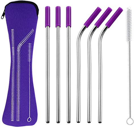 Hoshen Lot de 7 pailles réutilisables de 21,6 cm en acier inoxydable avec embout en silicone anti-rayures - Lot d'os (3 droites/3 courbées/1 brosse/6 bouche en silicone) - Violet