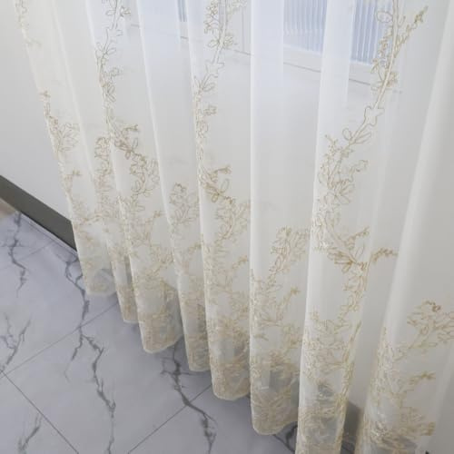 Amidoudou 1 Paar luxuriöse bestickte Tüll-Vorhänge für Wohnzimmer, Hochzeit, 3D-Goldblumen-Vorhänge (weiß, 130 x 230 cm)