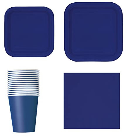 Trimming Shop Lot de 64 assiettes carrées jetables de 17,8 cm, 16 assiettes de 22,9 cm, 14 gobelets de 255,1 g, 20 serviettes pour barbecues, mariages, anniversaires, bleu marine véritable