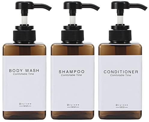 GOYISEE Dispensador de jabón de Manos Recargable de plástico Moderno con Bomba Cuadrada para tocadores de baño o Fregadero de Cocina, encimeras, 3 Paquetes con Etiqueta Impermeable (3B-Amber)