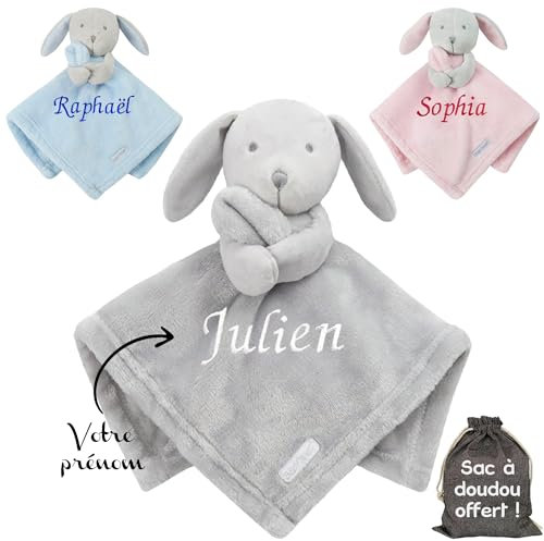 KDO MAGIC Doudou Lapin personnalisé - Prénom brodé - Peluche bébé, Enfant Personnalisable - Cadeau de Naissance, Anniversaire, baptême, garçon, Fille (Gris)