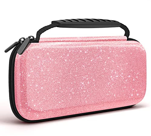 JYPS Tasche für Nintendo Switch/OLED, Glitzer Switch Tragetasche Mädchen, Harter Schutzhülle mit Griff, Travel Hülle Switch Case für 10 Spiele, Konsole & Zubehör(Rosa)