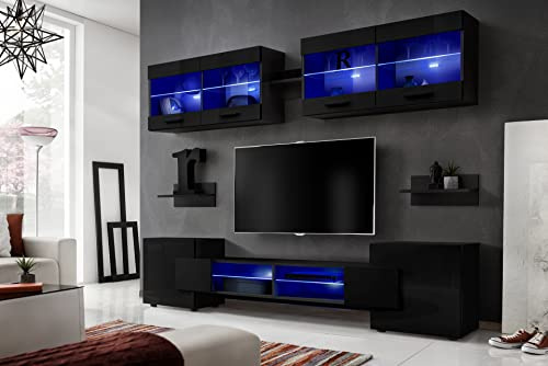 Komodee, Wohnwand Wohnzimmerset RTV Foggia, Front in Schwarz Hochglanz/Karkasse in Schwarz Matt, Breite 230cm x Höhe 195cm x Tiefe 35cm, LED Blau, für Wohnzimmer, Schlafzimmer