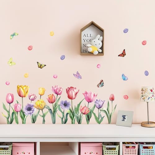KAIRNE Bunt Wandtattoo Blume,Schmetterling Tulpen Wandsticker,Pflanzen Blume Wandtattoo,Blumen Wandsticker für Kinderzimmer Mädchen,Blumen Tulpen Fensteraufkleber für Wohnzimmer Schlafzimmer Wanddeko
