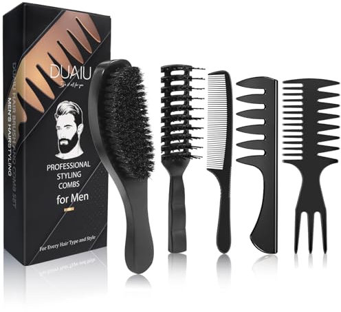DUAIU 5 Stück Kamm Männer Styling Set,Haarbürste Herren,Wildschweinborsten Bürste,Soft Wildschwein Haarbürste,Bartkamm Männer,Belüftete Haarbürste,Kamm Grob,Texturkamm zum Föhnen,Entwirren,Frisieren