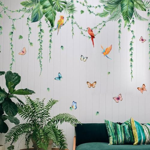 Purekay Stickers Muraux Verte de Vigne Autocollant Mural Plantes Suspendues Oiseaux Muraux Mural Stickers Feuille de Palmier pour Salon Chambre Bureau