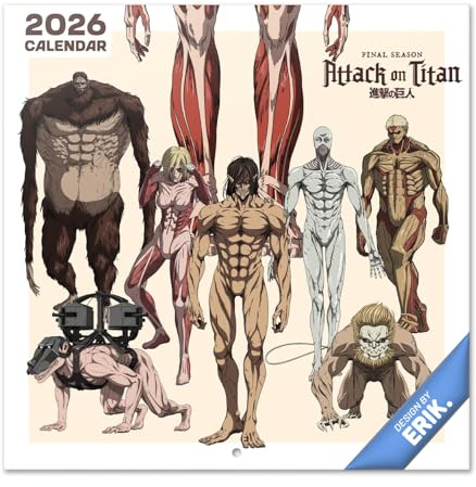 Grupo Erik Kalender 2026 Wandkalender Attack on Titan Kalender Familienplaner - Jahresplaner Monatskalender 2026 30 x 30 cm Planer Jahreskalender 25 für 12 Monate - Offizieller Manga Anime Fanartikel